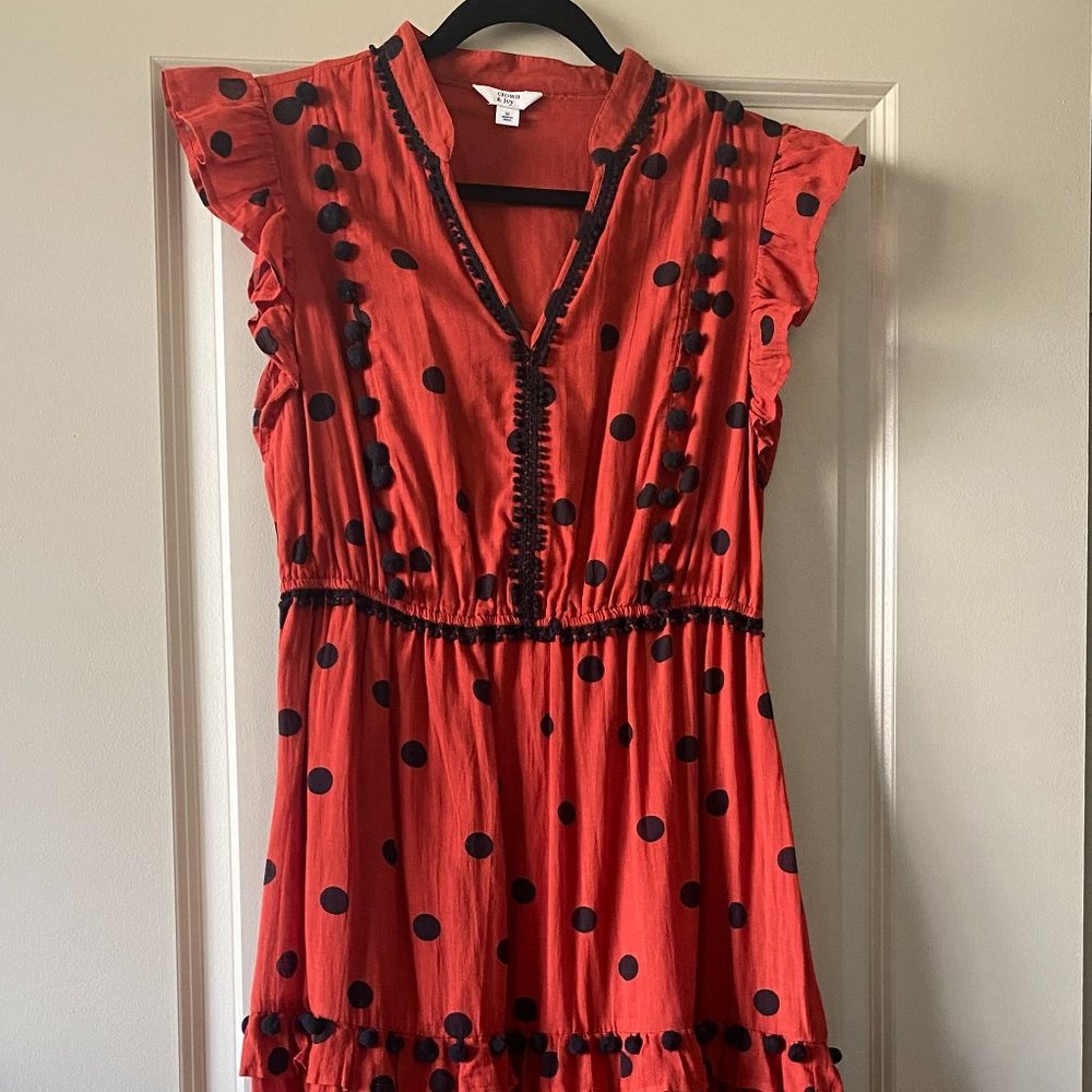 Crown & Ivy Ruffle Tier Pom Pom Midi Dress. Size M